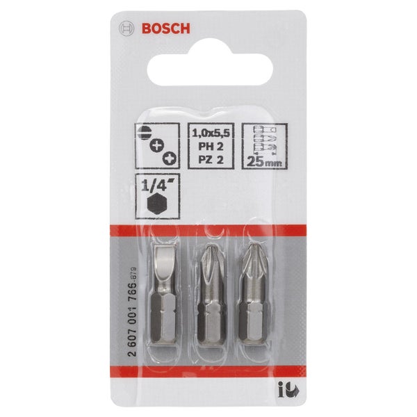 Bosch Schrauberbit-Set Extra-Hart (gemischt), 3tlg. S 1,0x5,5, PH2, PZ2, 25 mm - 2607001766