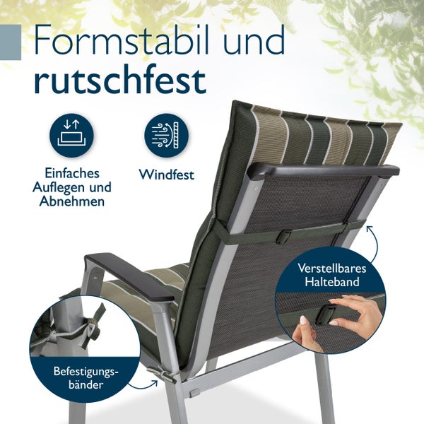 Gestreifte Gartenstuhlauflage auf einem Gartenstuhl mit Befestigungsbändern und verstellbarem Halteband für windfesten und rutschfesten Halt.