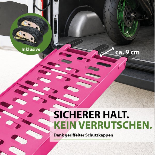 Auffahrrampe mit Antirutschkappen und Spanngurten zum Verladen von Motorrädern auf Anhänger oder in Fahrzeuge