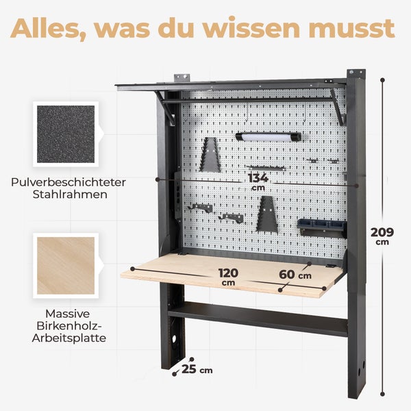 Klappbare Werkbank, Lochwand aus pulverbeschichtetem Stahl, massive Birkenholzplatte, 120 mal 60 Zentimeter, Gesamthöhe 209 Zentimeter.