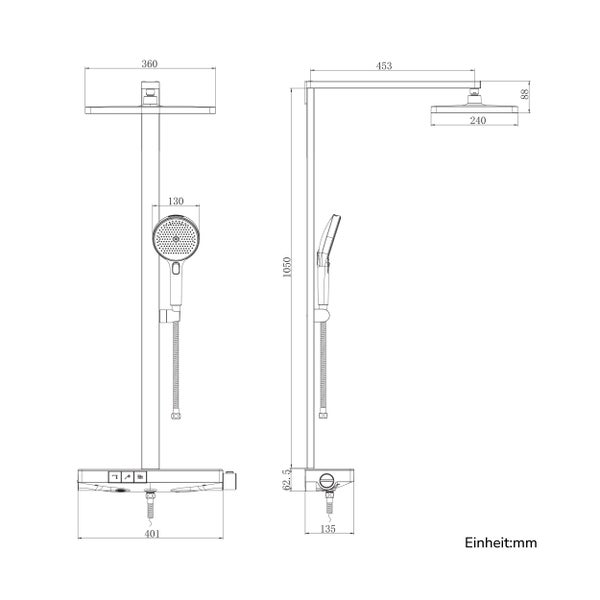 Maßzeichnung Duschsystem mit Regenduschkopf, Handbrause und Thermostat in Millimeter.