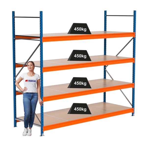 Blaues und oranges Schwerlastregal mit vier Ebenen, jeweils belastbar mit 450 Kilogramm