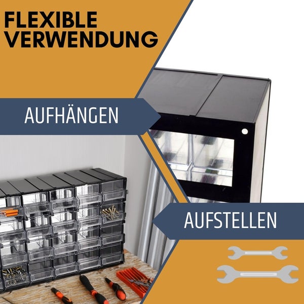 Sortimentskasten mit Schubladen zur flexiblen Verwendung: Hängend oder stehend