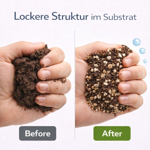 Vergleich der Substratstruktur: Links verdichtete Erde, rechts lockeres, luftiges Substrat mit Drainageanteilen für verbesserte Belüftung.
