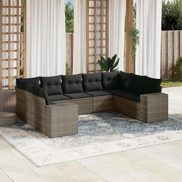 9-tlg. Garten-Sofagarnitur mit Kissen Grau Poly Rattan