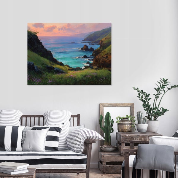 Wandbild mit einer Küstenlandschaft am Meer in einem modern eingerichteten Wohnzimmer.