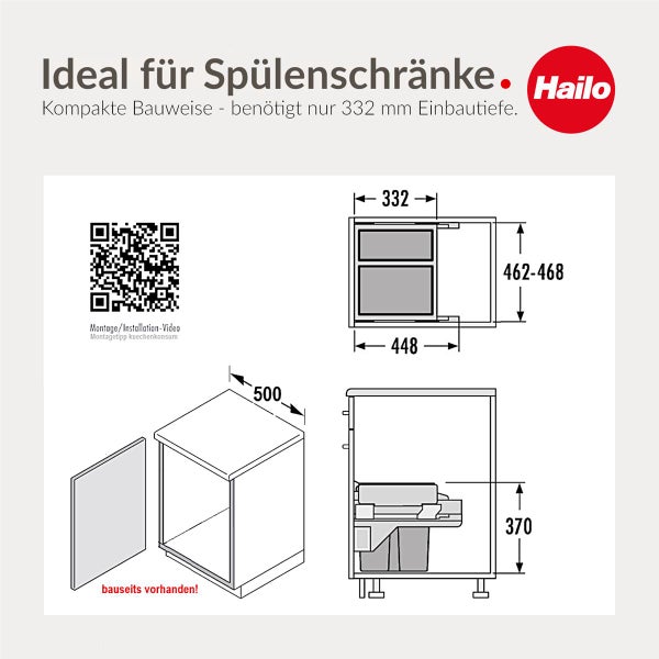 Technische Maße Hailo Abfallsammler für Spülenschränke: Tiefe 332 Millimeter, Breite 448 Millimeter, Höhe 370 Millimeter. Hailo Logo.