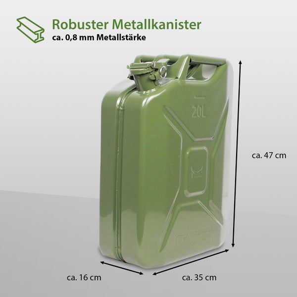 Robuster Metallkanister mit 20 Liter Fassungsvermögen und einer Wandstärke von circa 0,8 Millimetern