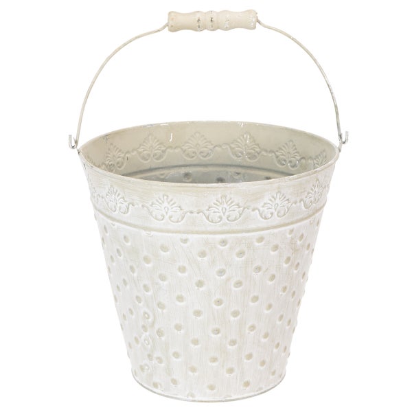 Dekorativer Metalleimer mit Ornamentmuster und Holzgriff im Vintage-Stil