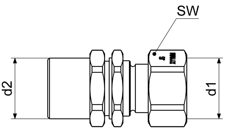Maßzeichnung eines Rohrverbinders mit Kennzeichnungen für Durchmesser d1, d2 und Schlüsselweite SW.