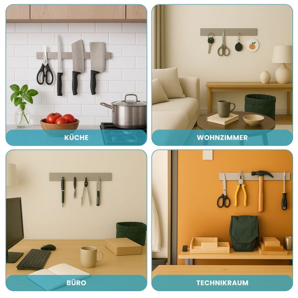 CHEFGASTRO Magnetleiste magnetische Messerleiste Messerhalter aus Stahl | HxBxT 4x40x1,6cm | Inkl. 3 silberne Haken | Silber | extra stark magnetischer Messerstreifen zum Kleben oder Schrauben