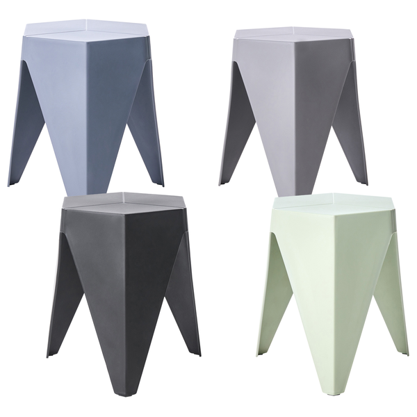 Sechseckige Kunststoffhocker in verschiedenen Farben mit modernem geometrischem Design.