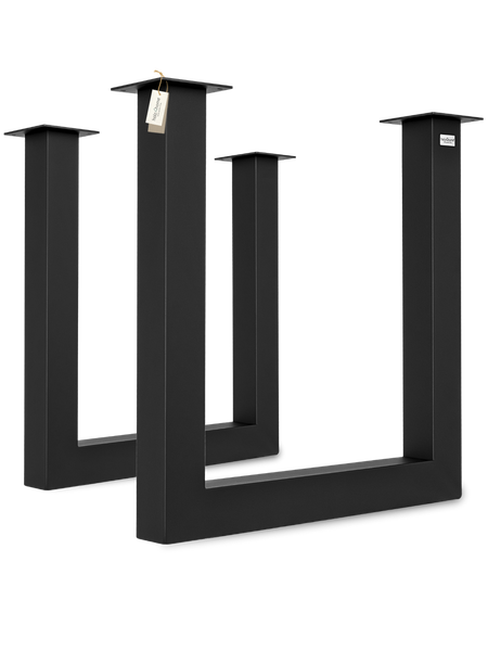 Zwei schwarze Tischkufen aus Metall in U-Form für Esstische oder Schreibtische.
