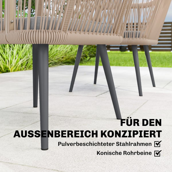 Nahaufnahme von Gartenstühlen mit pulverbeschichtetem Stahlrahmen und konischen Rohrbeinen für den Außenbereich.