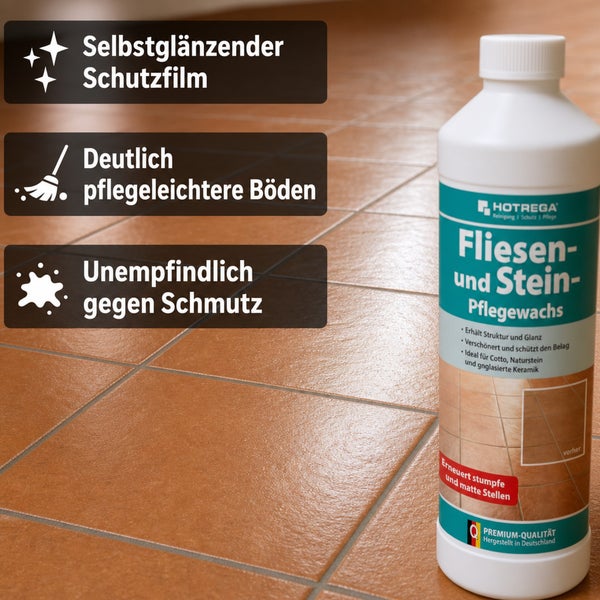 Hotrega Fliesen und Stein Pflegewachs zur Versiegelung von Cotto und Natursteinböden mit selbstglänzendem Schutzfilm für eine leichtere Pflege.