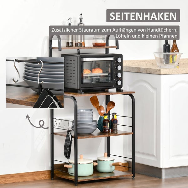 Küchenregal mit Metallrahmen und Holzregalböden sowie S Haken zum Aufhängen von Küchenutensilien als praktische Stauraumlösung.