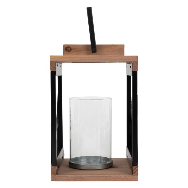 Laterne aus Holz und schwarzem Metall mit Glaseinsatz für Kerzen.