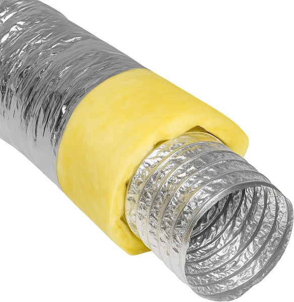 Isolierter flexibler Aluminiumschlauch für Lüftungssysteme mit Mineralwolle-Dämmung und Aluminium-Außenhülle.