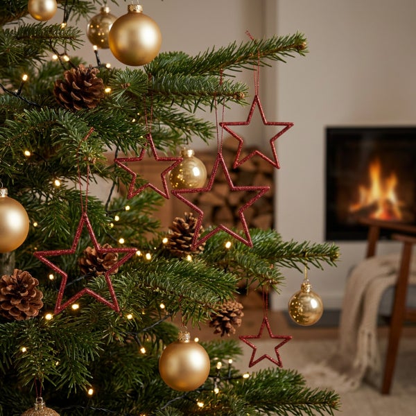 Weihnachtsbaum geschmückt mit glitzernden Sternanhängern und Weihnachtskugeln, im Hintergrund ein brennender Kamin.