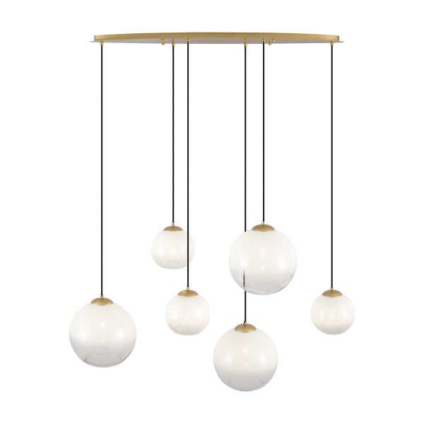 Hängelampe mit sechs runden, leuchtenden Glaskugeln