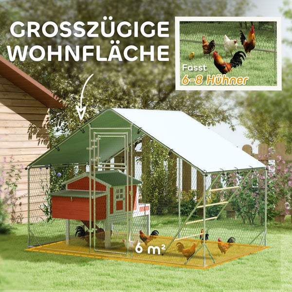 PawHut Hühnerstall Freilaufgehege aus Stahl, 300 x 200 x 195 cm Hühnerkäfig mit UV-beständiger Abdeckung, Futtertür, Hängefütterung, Sitzstange, Hühnergehege für 6-8 Hühner, Kleintiere, Silber