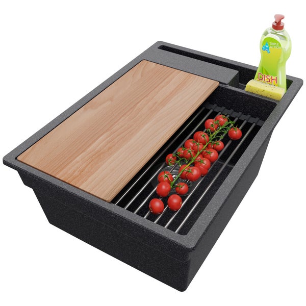 PRIMAGRAN Spülbecken Anthrazit 38x53cm, Granitspüle 1 Becken + Ablauf-Set + Küchenzubehörset, Küchenspüle ab 40er Unterschrank - Oslo Pocket