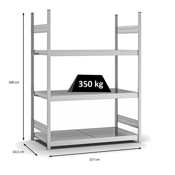 PROREGAL Weitspannregal Stecksystem T-Profil Grundregal HxBxT 200x150x60 cm 3 Ebenen Stahlplatten Fachboden Fachlast 350 kg Verzinkt
