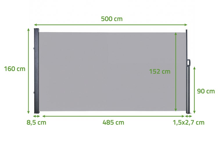 Seitenmarkise mit Maßangaben: Gesamtlänge 500 Zentimeter, Gesamthöhe 160 Zentimeter, Tuchbreite 485 Zentimeter und Tuchhöhe 152 Zentimeter.
