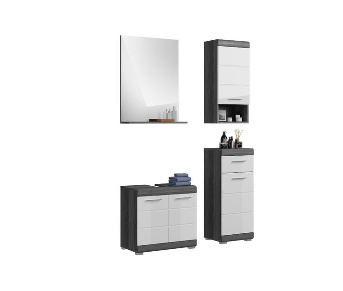 Badezimmermöbel-Set mit Spiegel, Wandschrank, Beistellschrank und Hochschrank in dunkler Holzoptik und Weiß.
