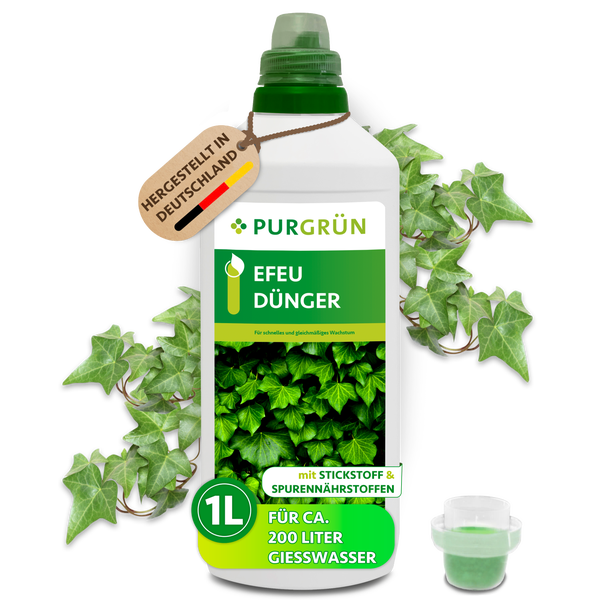 Purgrün Efeu-Dünger, 1 Liter, mit Stickstoff und Spurennährstoffen, für circa 200 Liter Gießwasser, hergestellt in Deutschland.