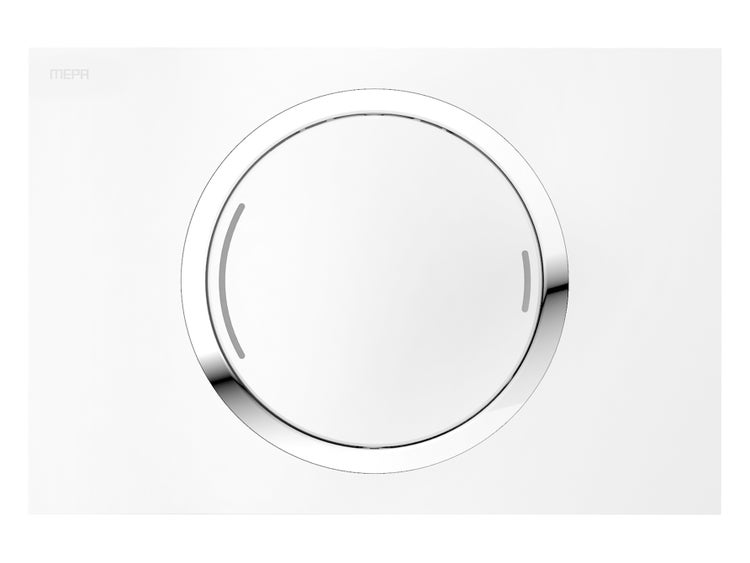 MEPA Logo, rechteckige Betätigungsplatte für WCs, weiß mit einer zentralen kreisförmigen verchromten Taste.