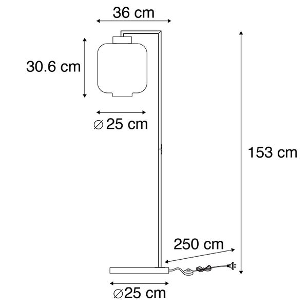 Abmessungen einer Stehlampe: Höhe 153 cm, Lampenschirmdurchmesser 25 cm, Lampenschirmhöhe 30,6 cm, Fußdurchmesser 25 cm, Ausladung 36 cm, Kabellänge 250 cm.