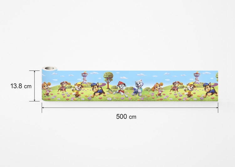 Paw Patrol Wandbordüre selbstklebend, Maße 13,8 Zentimeter mal 500 Zentimeter, Motiv mit Hunden auf einer Wiese.