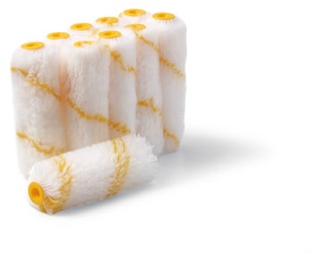 Set aus kleinen Farbwalzen in Weiß mit gelben Streifen, ideal für Malerarbeiten.