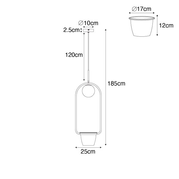 Technische Zeichnung einer Hängeleuchte mit den Maßen 185 cm Höhe, 25 cm Breite unten, 120 cm Aufhängung, 10 cm Durchmesser Deckenbefestigung und eines Blumentopfes mit 17 cm Durchmesser und 12 cm Höhe.
