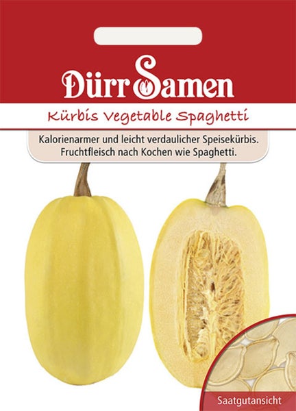 Samentüte für Kürbis Vegetable Spaghetti von Dürr Samen mit Abbildung einer ganzen Frucht, einer aufgeschnittenen Hälfte und Saatgutansicht.