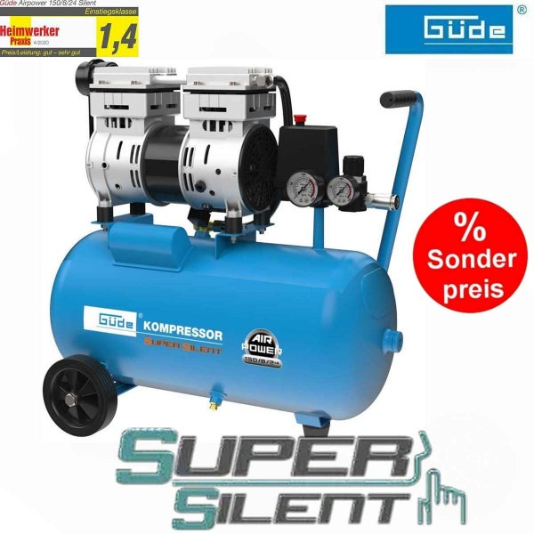 Guede Kompressor Airpower 150/8/24 Silent mit Rollen, leisem Betrieb und Druckanzeige fuer Heimwerkerarbeiten.