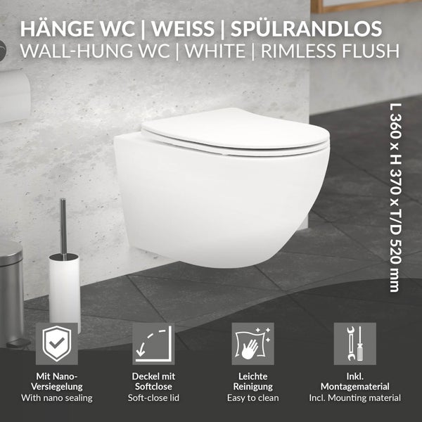 ECD Germany Spülrandloses Hänge WC Keramik Weiß matt mit Nano Beschichtung, Wand-WC lang 52 cm, Toilette mit WC-Sitz abnehmbar aus Duroplast Softclose Absenkautomatik, Tiefspüler-WC mit Lotus Effekt