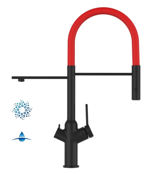 4 Wege Wasserhahn Küchenarmatur, BOD, mit 360° schwenkbarem Auslauf, abnehmbare 2 strahl Handbrause, Schwarz Matt / Rot