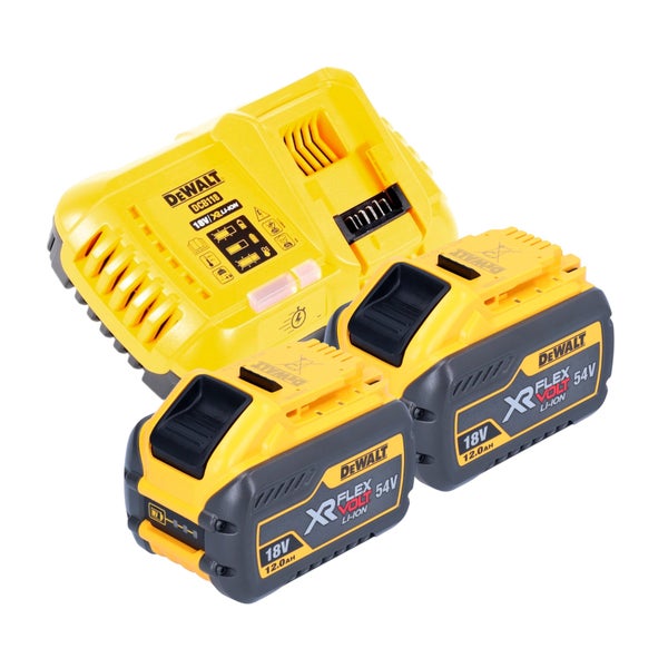 DeWalt Akku Ladegerät und zwei Flexvolt Lithium Ionen Akkus mit 18 Volt beziehungsweise 54 Volt und 12 Ampere Stunden Kapazität.