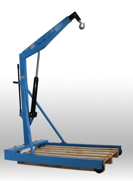 Blauer Motorkran mit Hydraulikzylinder und Haken