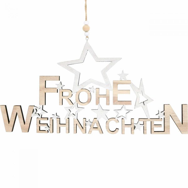 Holzdekoration mit der Aufschrift 'Frohe Weihnachten' und Sternen