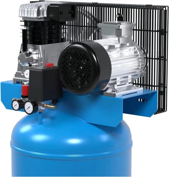 Blauer Druckluftkompressor mit Manometern und Schutzgitter