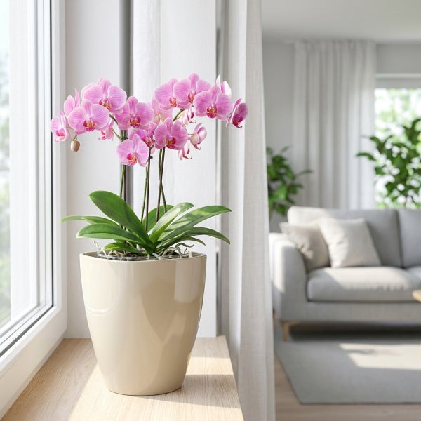 Phalaenopsis Orchidee mit rosa Blüten in einem glatten Übertopf auf einer Fensterbank in einem hellen Wohnzimmer.