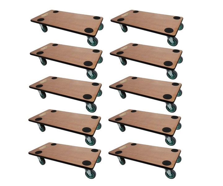 Zehner-Set Transportroller mit Holzplattform, vier Lenkrollen und Antirutschpunkten.
