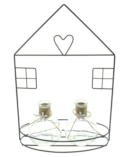 FRANK FLECHTWAREN|Vasenhalter Häuschen, 21,5 x 10 x 32 cm, METALL, GLAS, JUTE