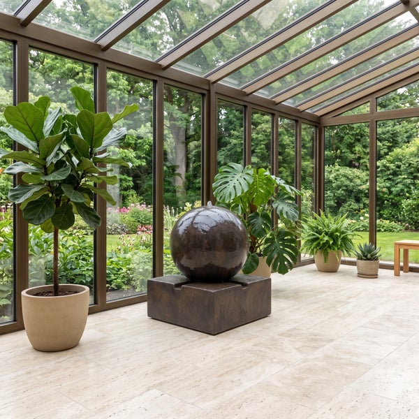 Ein moderner Wintergarten mit großen Fenstern, einem kugelförmigen Brunnen auf quadratischem Sockel, verschiedenen Zimmerpflanzen und Fliesenboden.