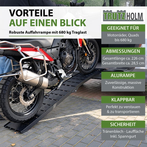 Trutzholm klappbare Aluminium Auffahrrampe für Motorräder und Quads bis 680 Kilogramm mit Tränenblech Oberfläche und Spanngurt.
