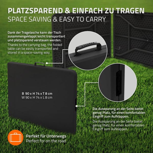 ML-Design Campingtisch klappbar Schwarz 180x74 cm Kunststoff, Klapptisch mit Tragegriff, Falttisch für Garten Terrasse Balkon, Gartentisch 6 Personen, Buffettisch Partytisch Koffertisch Flohmarkttisch