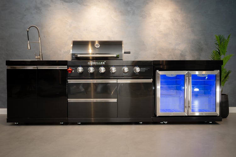 GORILLER® BLACKBACK M6 Outdoor-Küche, Gasgrill mit Doppel-Kühlschrank und Waschbecken, Edelstahl, Schwarz